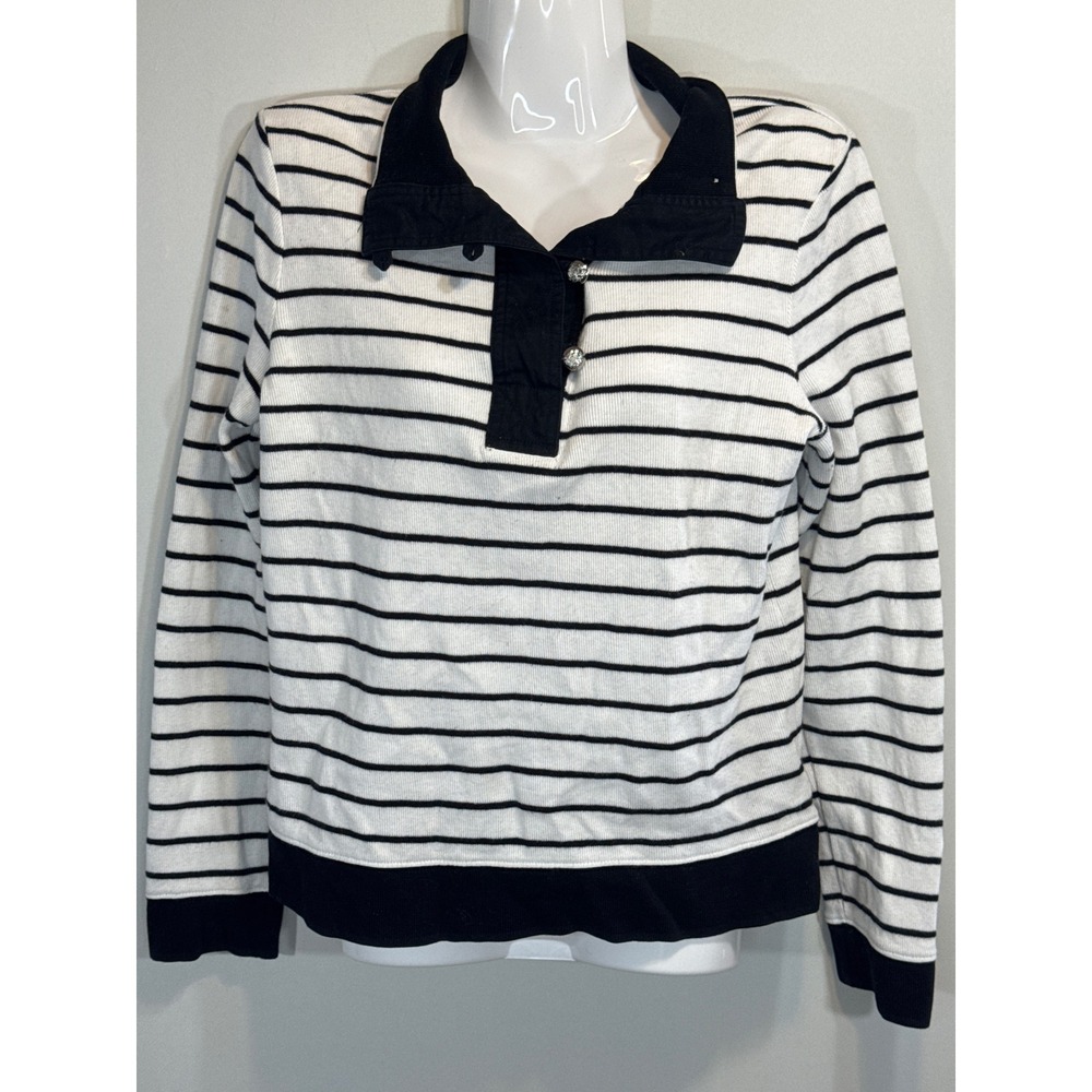 LAUREN RALPH LAUREN Women Striped Button Neck Polo Shirt SMALL Preppy Nautical